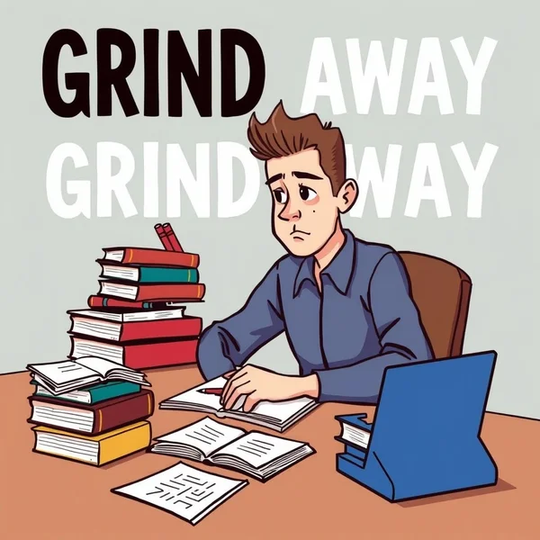 Students diligently using the phrasal verb Grind Away in their studies