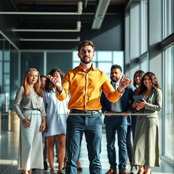 Image showing a person confidently leading a group, illustrating the phrasal verb 'Head up'