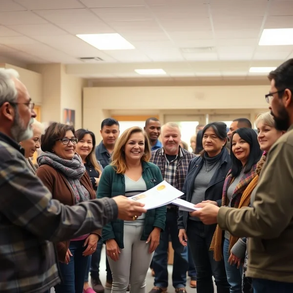 Image showing someone handing out papers, with the caption: Understanding the phrasal verb "Hand out"