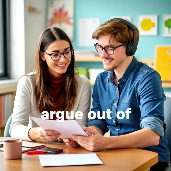 Bir ikna edici konuşmayı tasvir eden, "argue out of" kavramını gösteren bir görsel