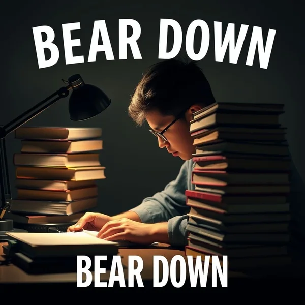 Imagine someone focusing intently, illustrating the concept of 'bear down'