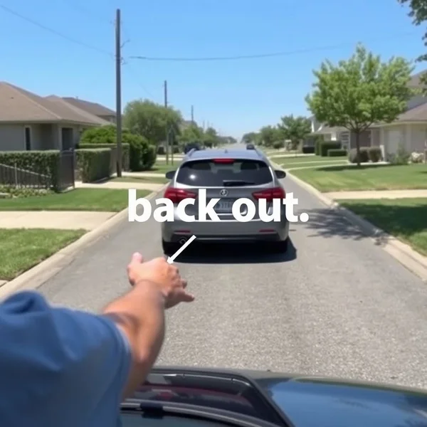 Bild zeigt ein Auto, das rückwärts aus einer Einfahrt fährt, und veranschaulicht das Phrasal Verb Back Out