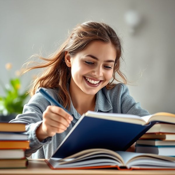 Afbeelding van iemand die gemakkelijk een taak voltooit, met de tekst "Breeze Through Your Studies"