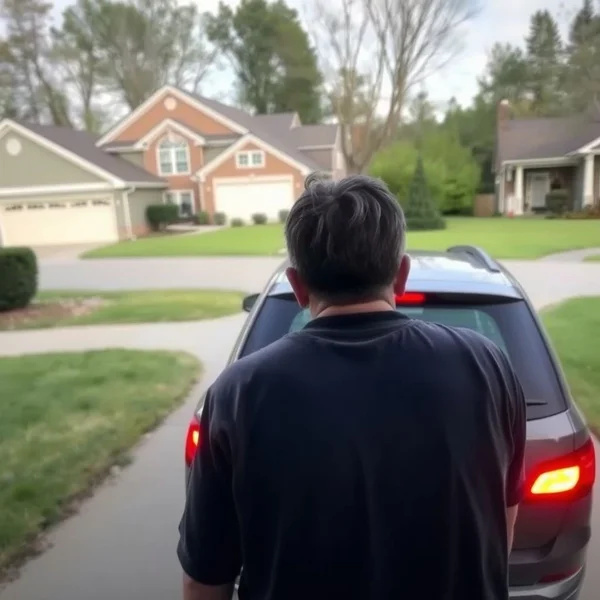 車がドライブウェイからバックしているイメージ、フレーズ動詞 Back Outを示す画像