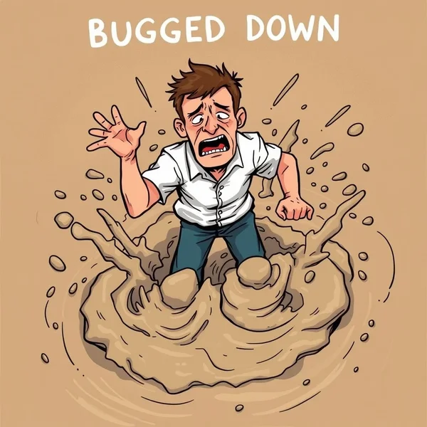 서류더미에 갇힌 사람의 일러스트, "bog down" 구동사를 상징