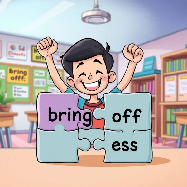 Een persoon die een succesvol resultaat viert, ter illustratie van de betekenis van "bring off"