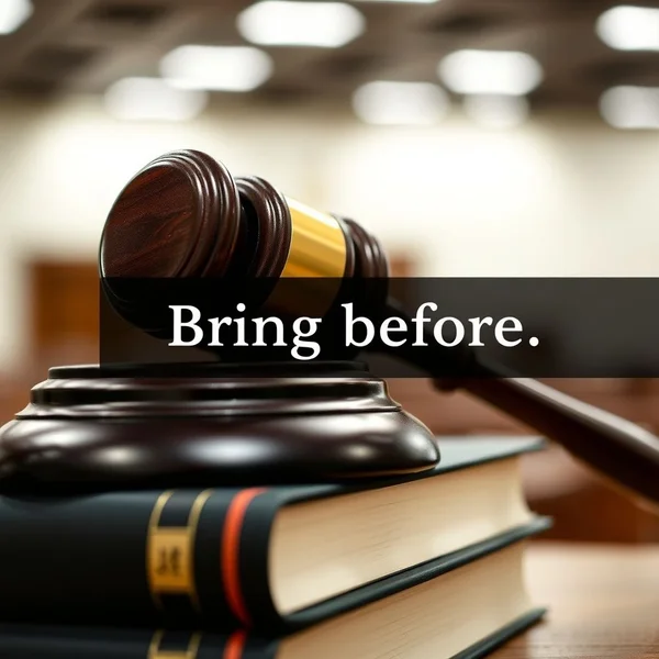 ハンマーと法廷書籍、"Bring before"のフォーマルな文脈を示すイメージ