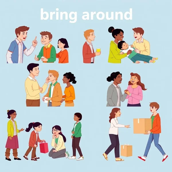صورة توضح سياقات متعددة للفعل العباري 'bring around'