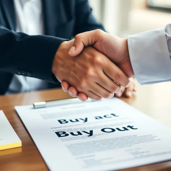 صورة تظهر مصافحة فوق عقد، ترمز إلى كيفية buy out شركة