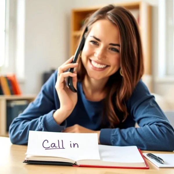 A person on the phone, illustrating the phrasal verb Call in