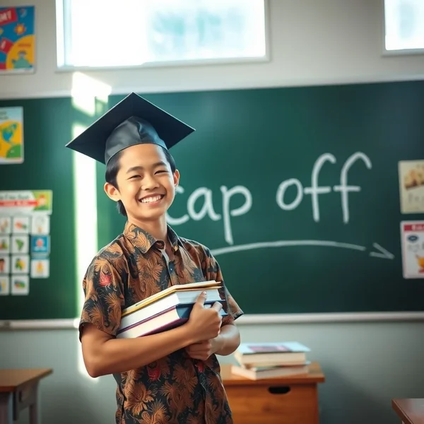 Gambar yang menggambarkan 'cap off' dengan upacara kelulusan