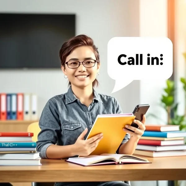 A person on the phone, illustrating the phrasal verb Call in