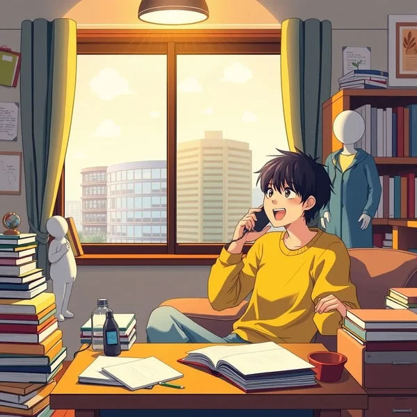 A person on the phone, illustrating the phrasal verb Call in