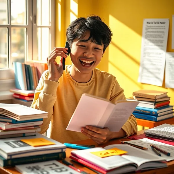 A person on the phone, illustrating the phrasal verb Call in