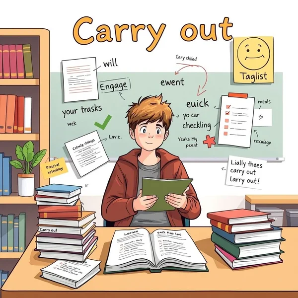 Image expliquant le verbe à particule Carry out
