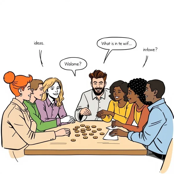 People pooling money or working together, illustrating the phrasal verb Chip in