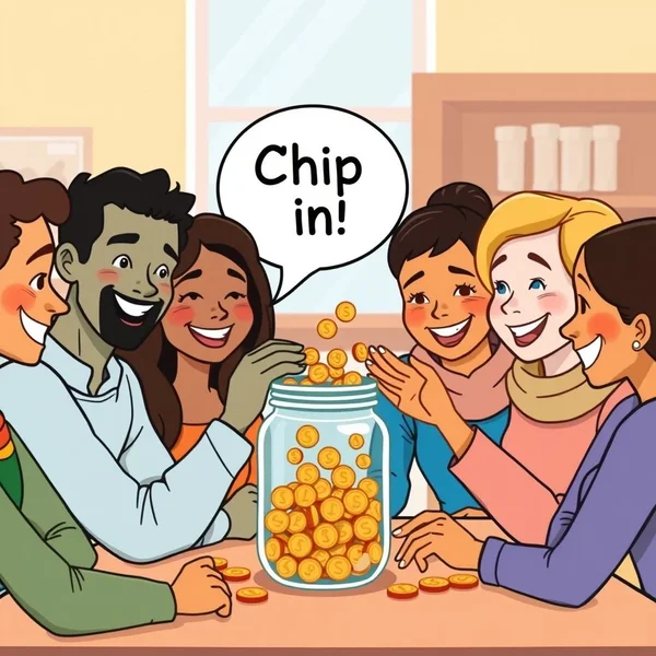 People pooling money or working together, illustrating the phrasal verb Chip in