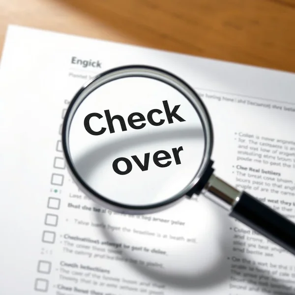 A magnifying glass checking over a document, illustrating the phrasal verb "check over".