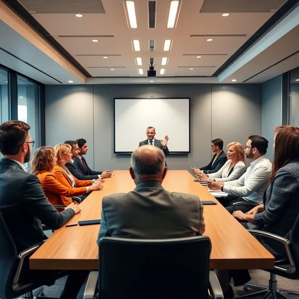 Un groupe divers de professionnels autour d'une table de conférence, avec une personne dirigeant clairement la discussion, illustrant comment chair a meeting.