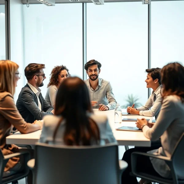Eine vielfältige Gruppe von Fachleuten sitzt an einem Konferenztisch. Eine Person leitet klar die Diskussion und zeigt, wie man eine Besprechung chair a meeting.