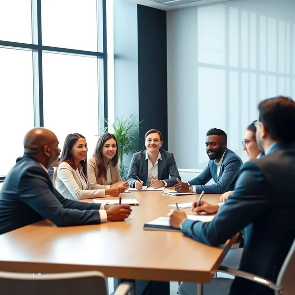 Sekelompok profesional yang beragam duduk di sekitar meja konferensi, dengan satu orang jelas memimpin diskusi, menggambarkan bagaimana cara chair a meeting.