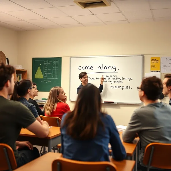 Image showing people walking together with text overlay: Understanding the Phrasal Verb 'Come Along'