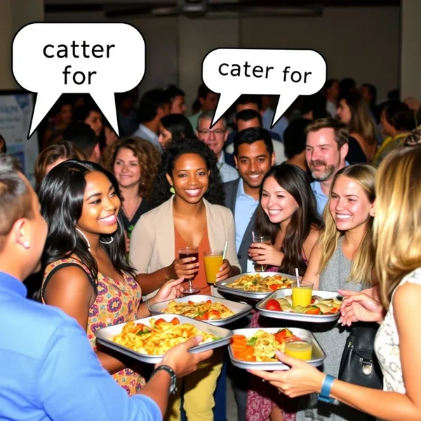 A diverse group of people at a catered event, illustrating the concept of 'Cater for'