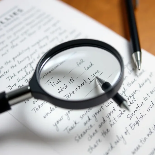 A magnifying glass checking over a document, illustrating the phrasal verb "check over".