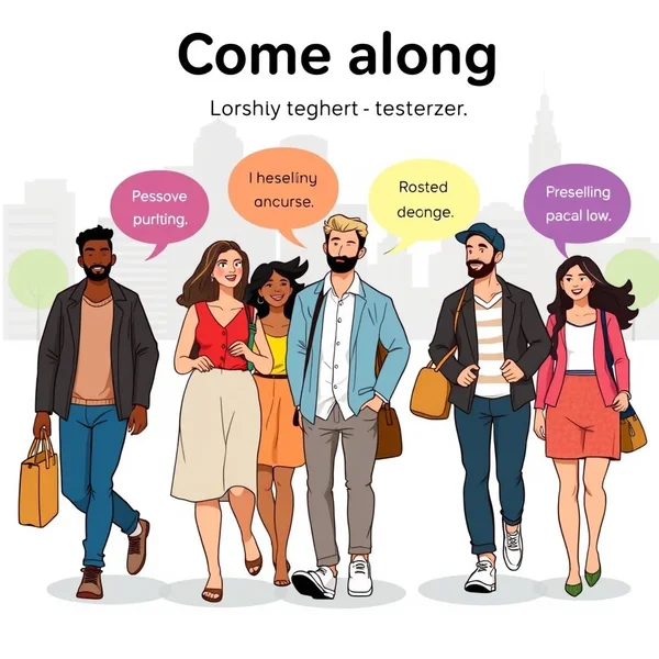 Image showing people walking together with text overlay: Understanding the Phrasal Verb 'Come Along'