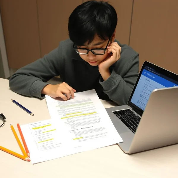 A person carefully examining a document, illustrating the phrasal verb "check through"