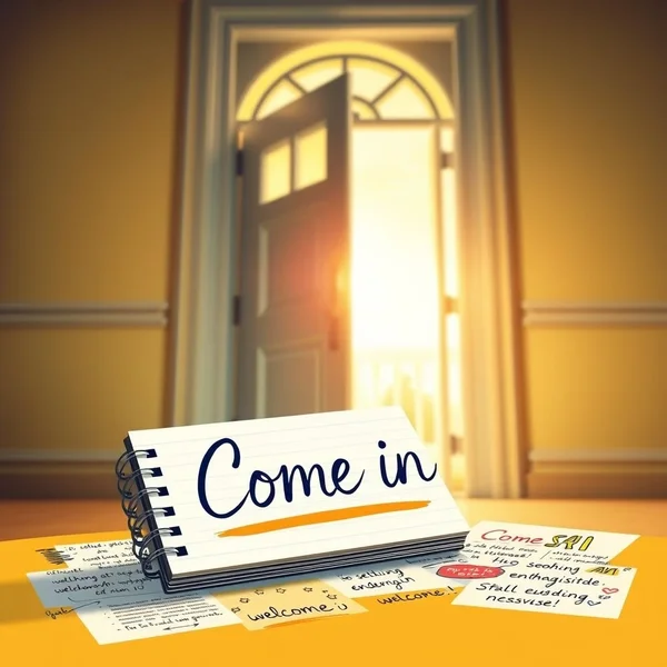 A welcoming open door, illustrating the phrasal verb "Come in"