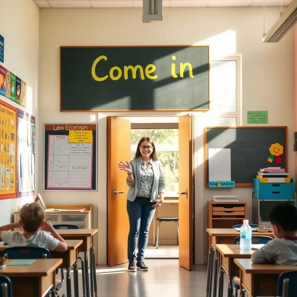 A welcoming open door, illustrating the phrasal verb "Come in"