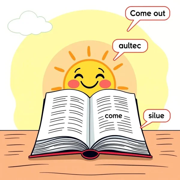 A sun peeking from behind clouds, illustrating the phrasal verb Come out