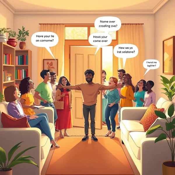 Illustration showing people visiting, illustrating the phrasal verb Come over