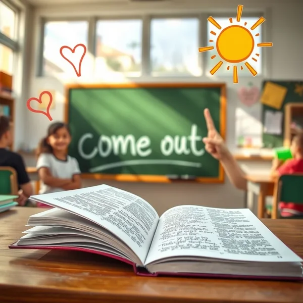 A sun peeking from behind clouds, illustrating the phrasal verb Come out