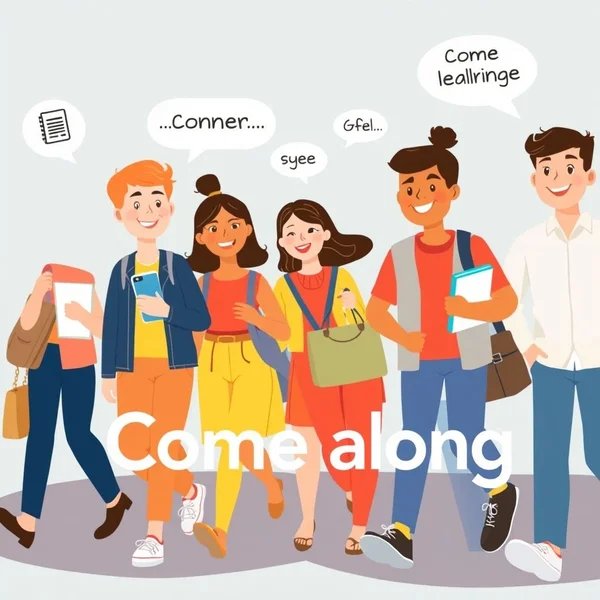 Image montrant des gens marchant ensemble avec superposition du texte : Comprendre le verbe à particule 'Come Along'