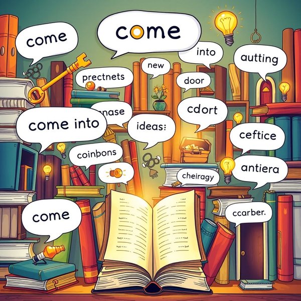 Bild, das verschiedene Bedeutungen des Phrasal Verb come into veranschaulicht