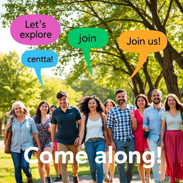 Afbeelding waarop mensen samen lopen met tekstoverlay: Het Engelse werkwoord 'Come Along' begrijpen'