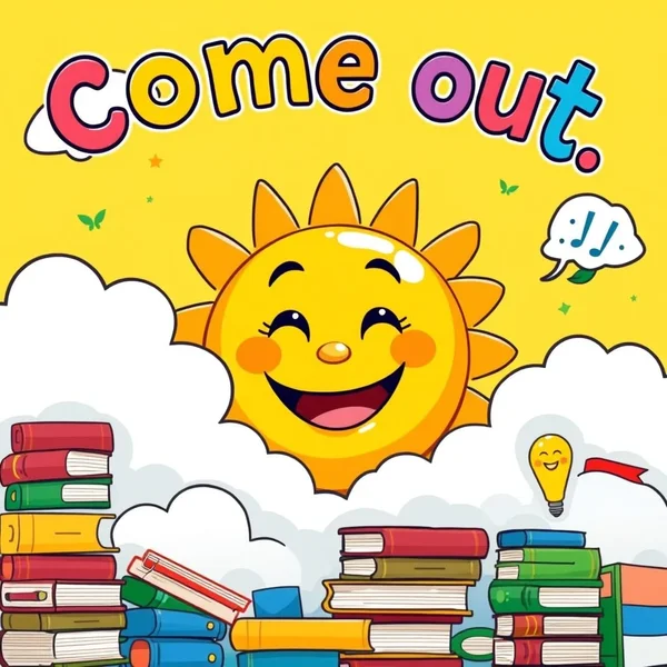 A sun peeking from behind clouds, illustrating the phrasal verb Come out