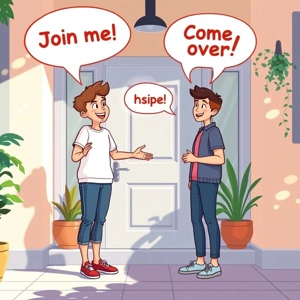 Illustration showing people visiting, illustrating the phrasal verb Come over
