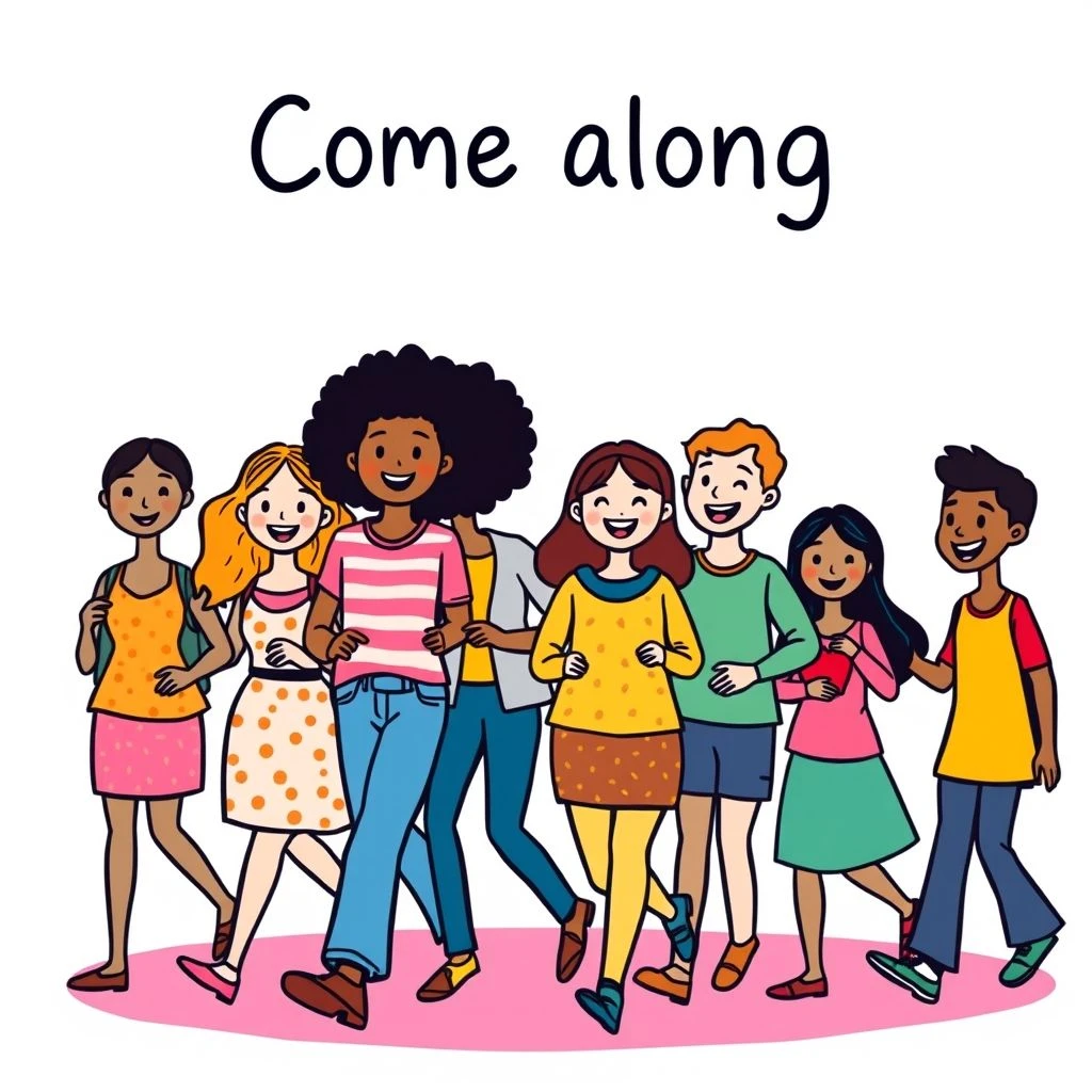 تعلم Come along: فهم الفعل المركب والمعاني والاستخدام والأمثلة