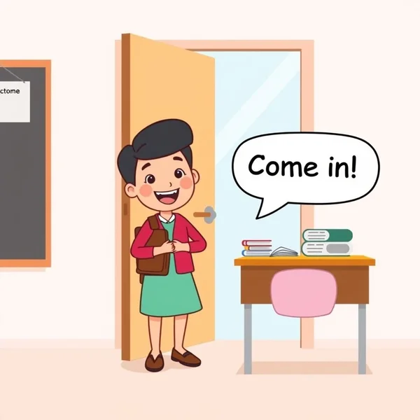 A welcoming open door, illustrating the phrasal verb "Come in"