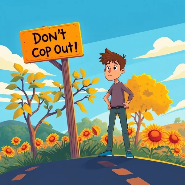 Image montrant quelqu’un qui hésite, avec le texte "Don't Cop Out!"