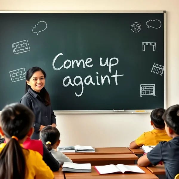 Ilustrasi konsep menghadapi hambatan dengan phrasal verb "come up against"