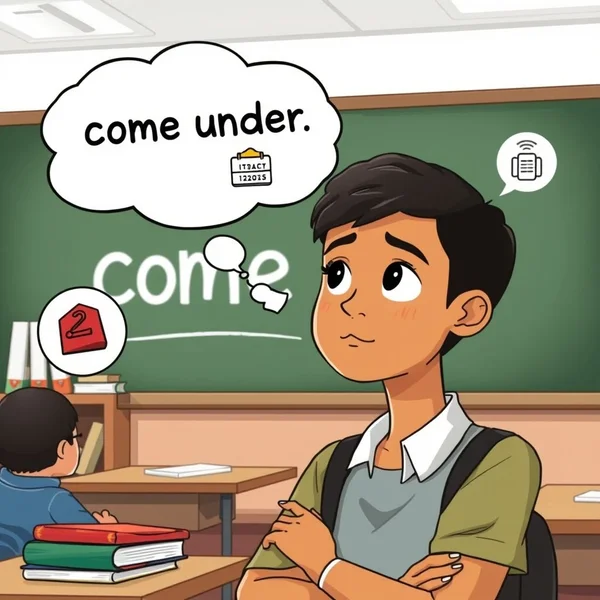 展示某人可能“come under”审查或攻击的情景图片，突出短语动词“Come under”