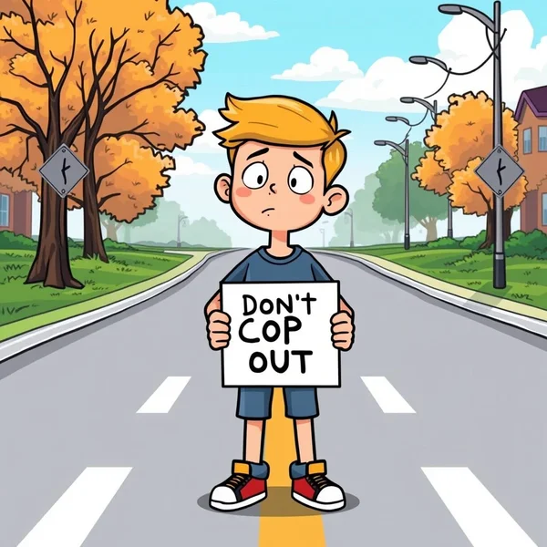 图片显示某人犹豫不决，文字为“Don't Cop Out!”
