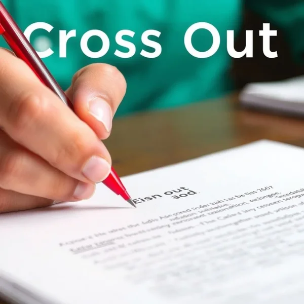Une main utilisant un stylo rouge pour barrer du texte sur une feuille de papier, illustrant le verbe à particule « cross out »