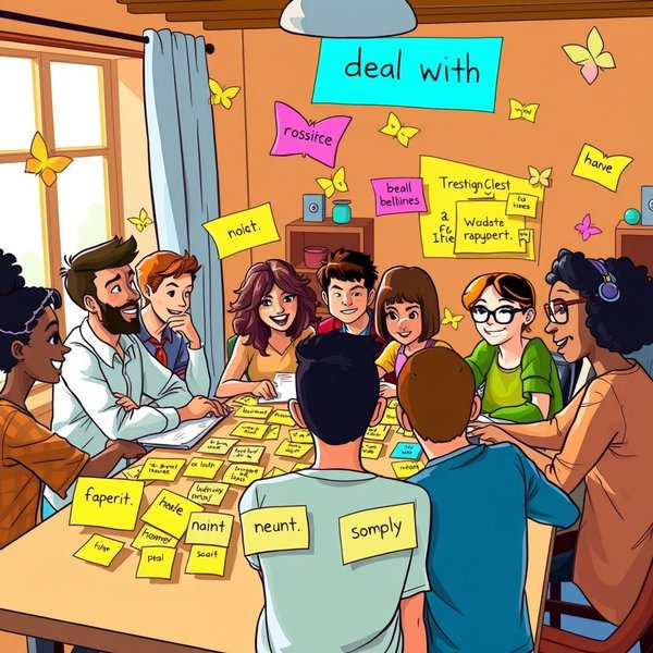 İnsanların bir görevi birlikte çözmek için iş birliği yaptığını gösteren, 'deal with' phrasal verb'ini illustre eden görsel