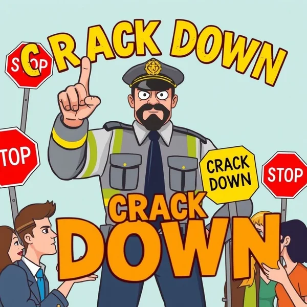 Otorite figürlerinin veya kuralların uygulandığını gösteren ve "crack down" kavramını görselleştiren görsel