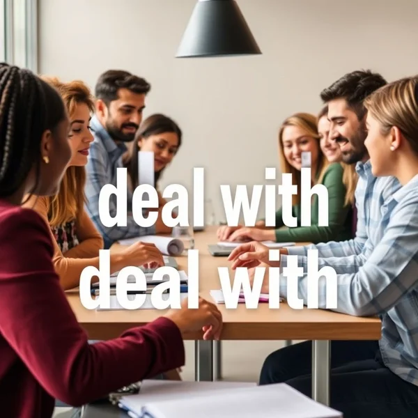 صورة تُظهر أشخاصًا يتعاونون للتعامل مع مهمة، توضح الفعل المركب "deal with"